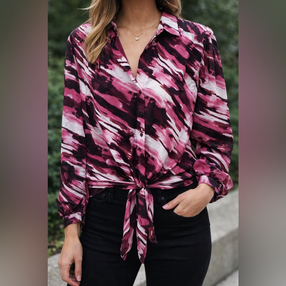 Calvin Klein Pink Abstract Tie-Front Blouse – Size 2X